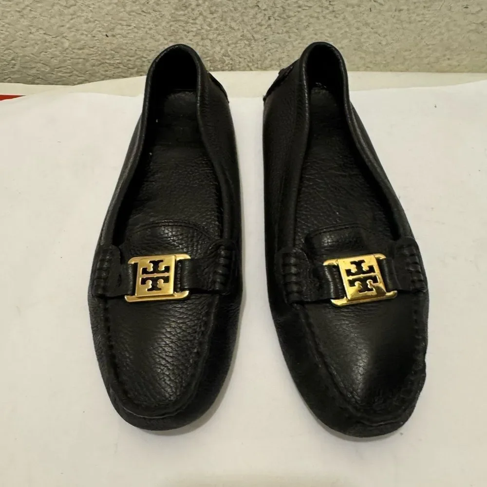 Tory Burch Black Leather Loafers with Gold Accent